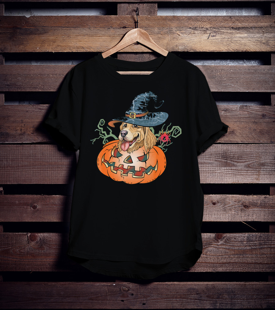 Halloween Golden Retriever Dog Lover Pumpkin Wizard Hat And Spider T-Shirt