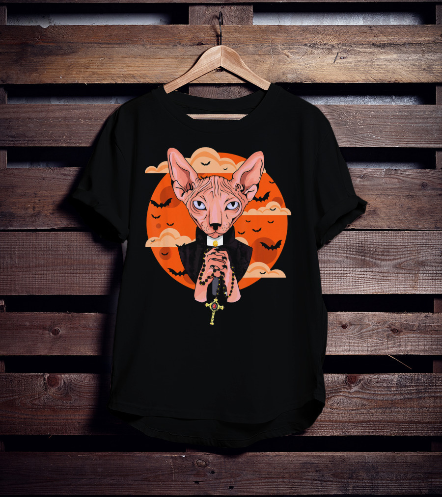 Funny Sphynx Priest With Rosary And Bats Hall T-Shirt