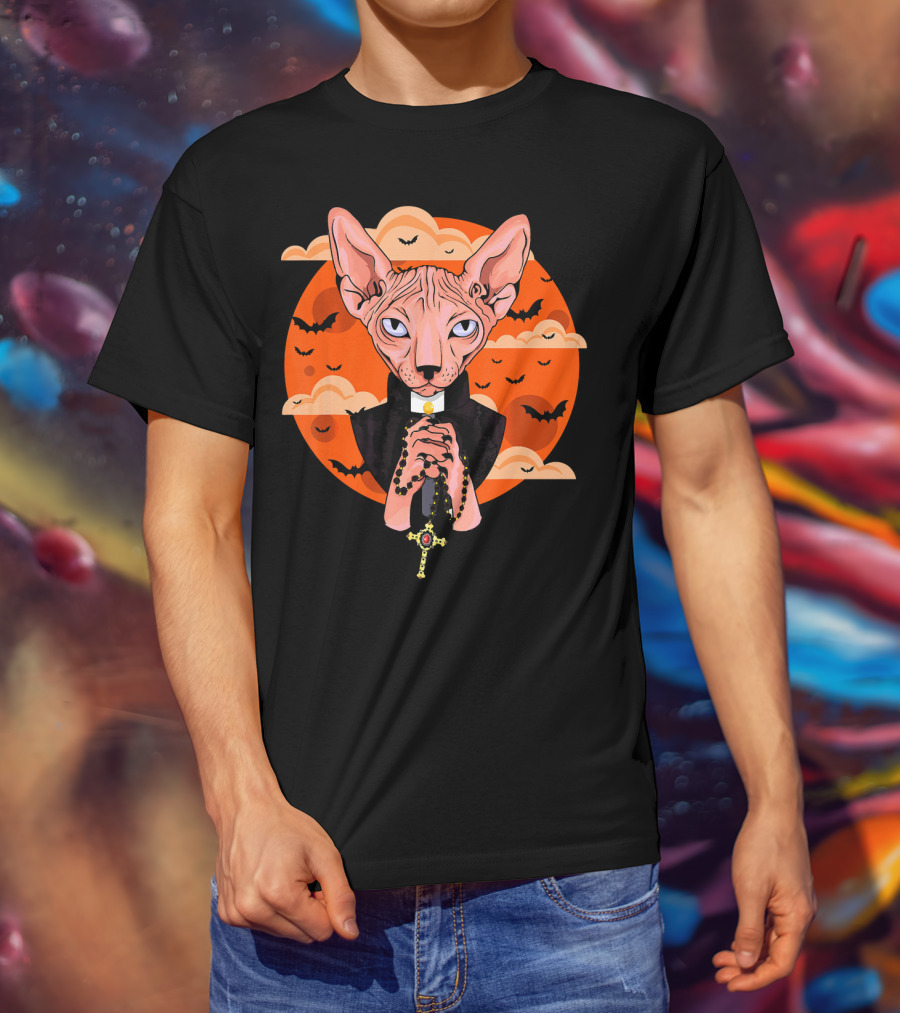 Funny Sphynx Priest With Rosary And Bats Hall T-Shirt