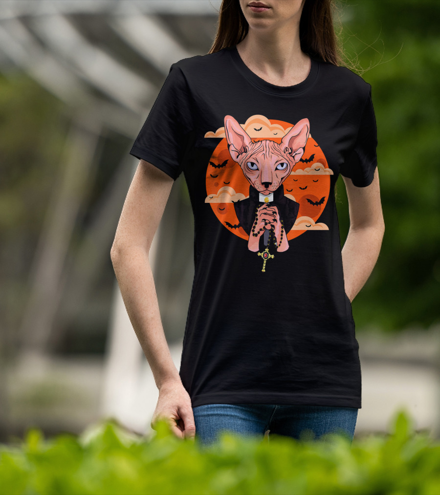 Funny Sphynx Priest With Rosary And Bats Hall T-Shirt