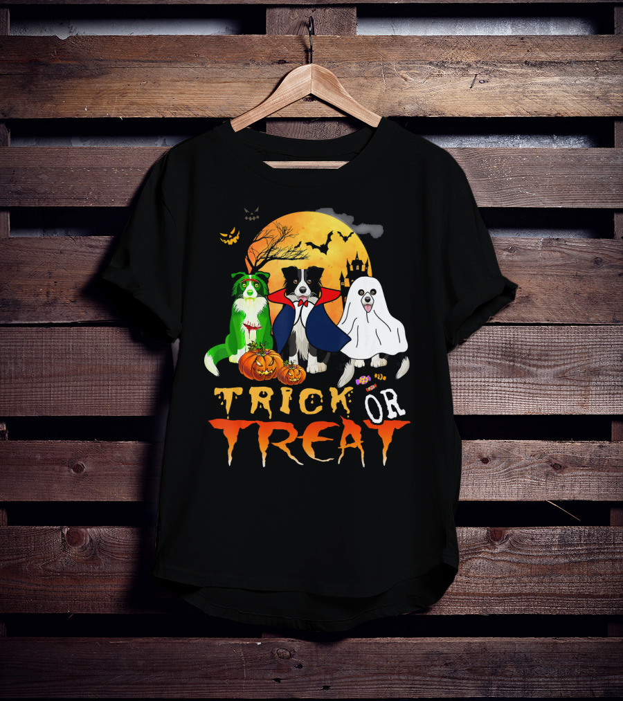 Trick Or Treat Halloween Border Collie Costumes Pumpkins Haunted Moon T-Shirt