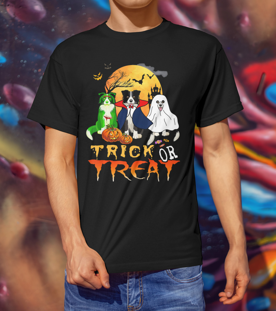 Trick Or Treat Halloween Border Collie Costumes Pumpkins Haunted Moon T-Shirt