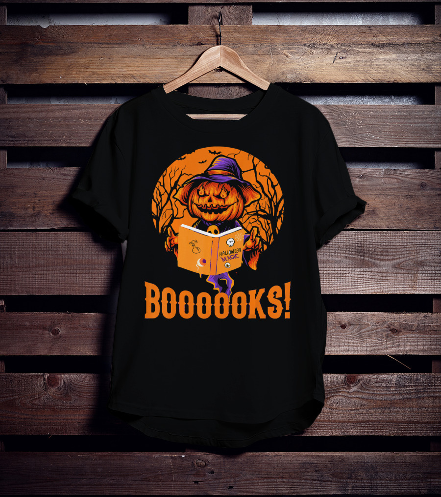 BOOOOKS Halloween Magic Pumpkin Reading Spooky Trees T-Shirt