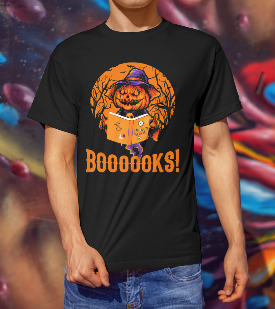 BOOOOKS Halloween Magic Pumpkin Reading Spooky Trees T-Shirt