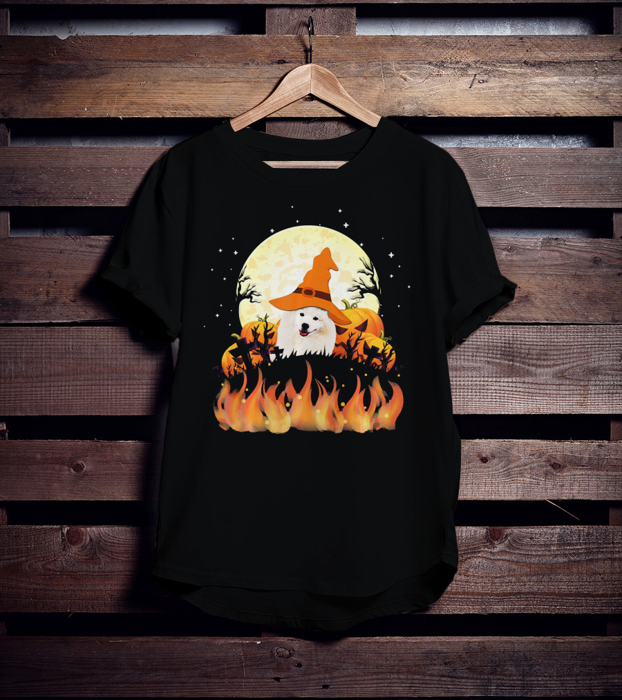 American Eskimo Dog Halloween Witch Moon Pumpkins Flames T-Shirt