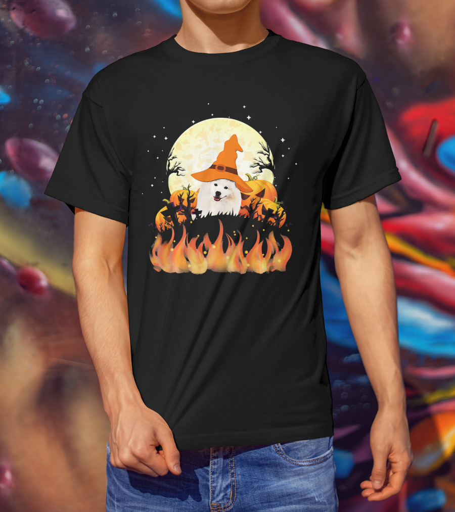 American Eskimo Dog Halloween Witch Moon Pumpkins Flames T-Shirt