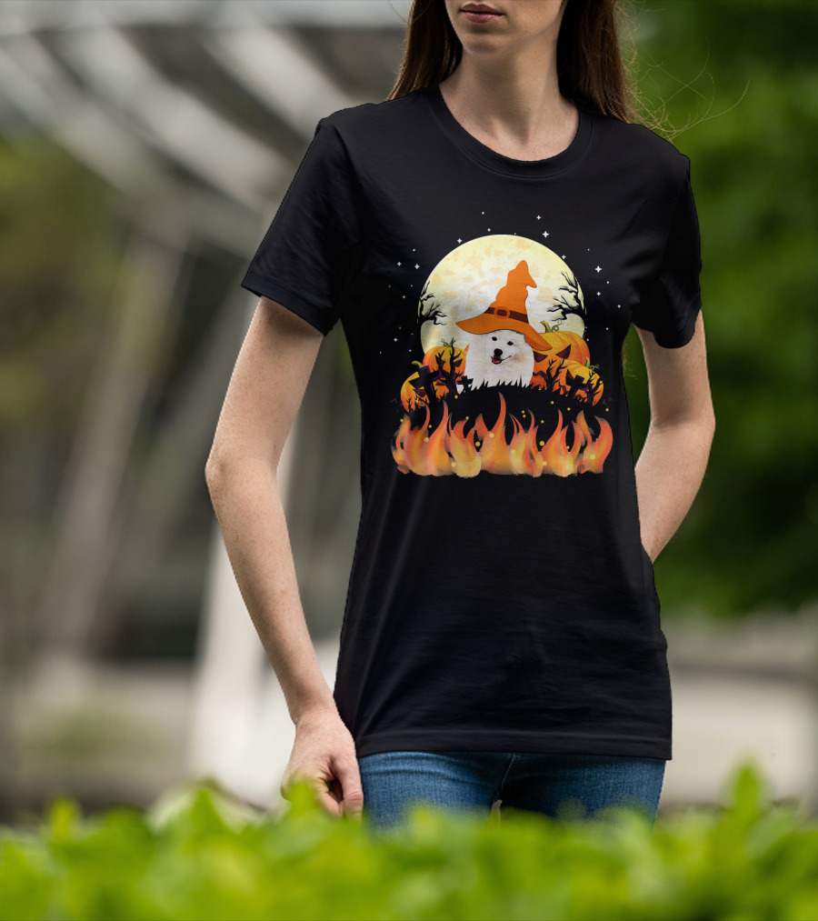 American Eskimo Dog Halloween Witch Moon Pumpkins Flames T-Shirt