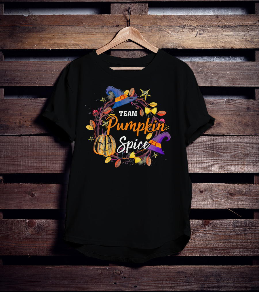 Team Pumpkin Spice Wreath With Witch Hats And Autumn Elements T-Shirt