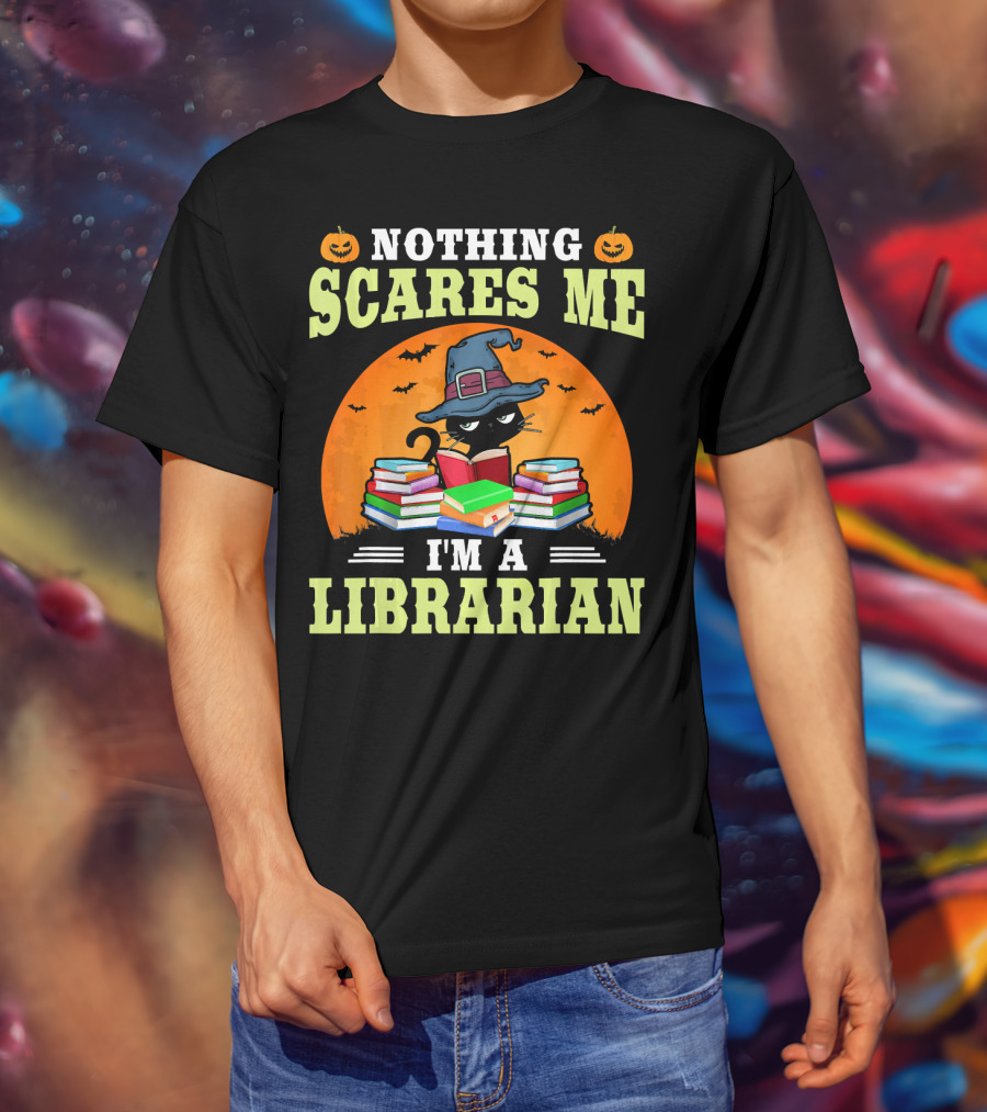 Nothing Scares Me I'm A Librarian Halloween Cat With Books And Witch Hat T-Shirt
