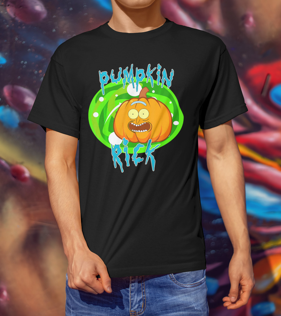 Pumpkin Rick Halloween Parody With Green Portal And Cartoon Face T-Shirt