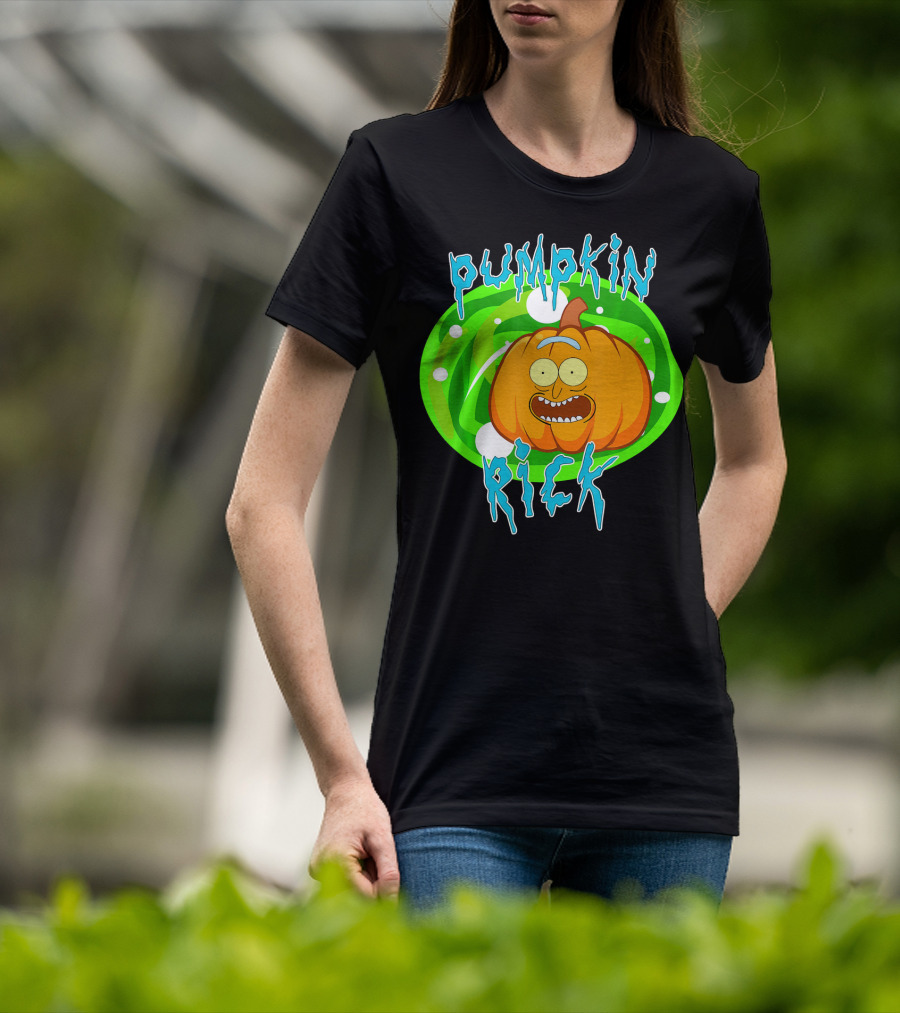 Pumpkin Rick Halloween Parody With Green Portal And Cartoon Face T-Shirt