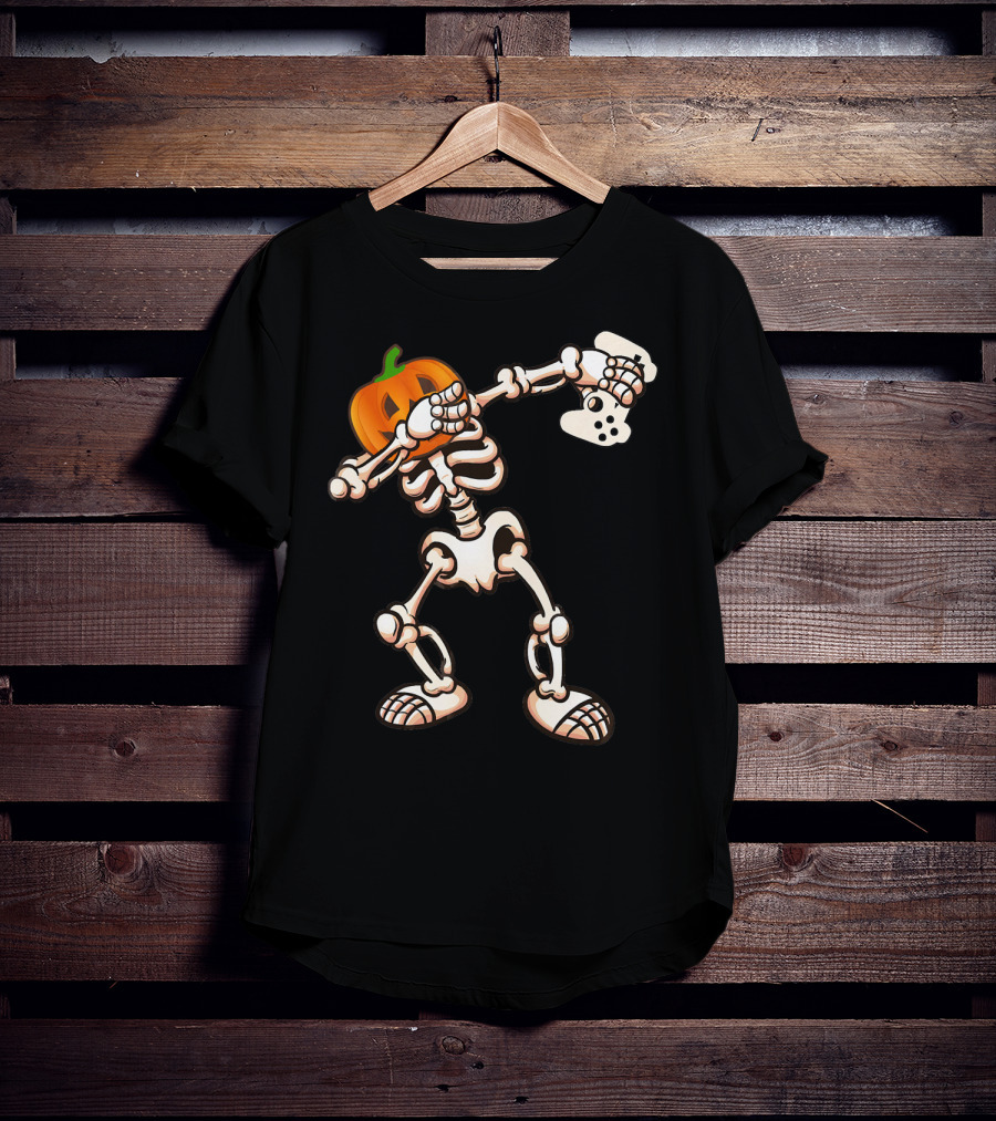 Halloween Dabbing Skeleton Pumpkin Head Video Game Controller T-Shirt