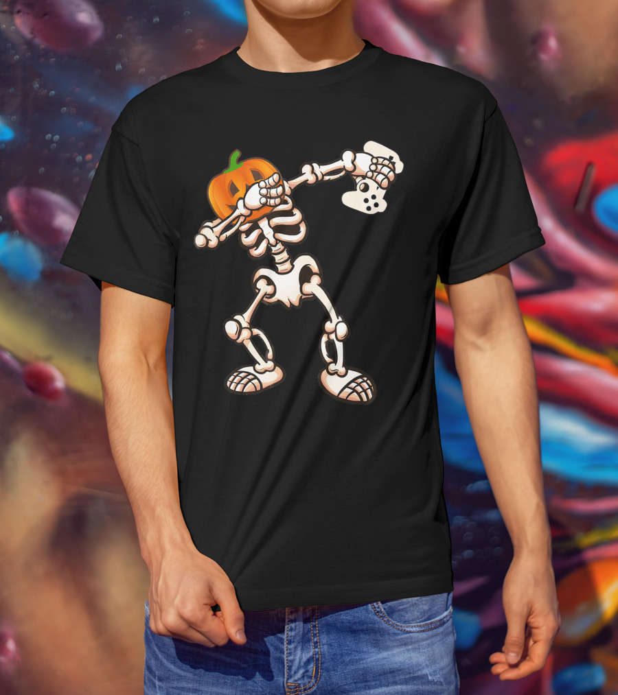 Halloween Dabbing Skeleton Pumpkin Head Video Game Controller T-Shirt