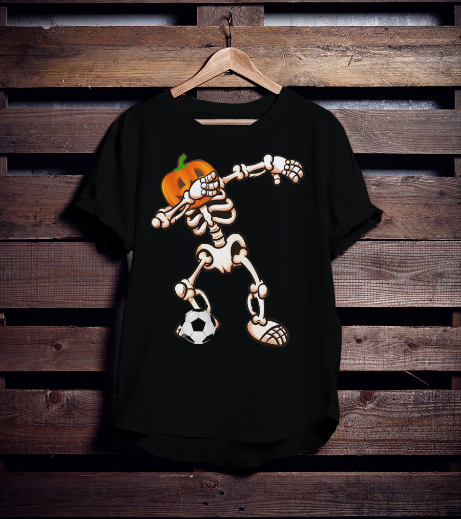 Funny Halloween Dabbing Skeleton Pumpkin Head With Soccer Ball T-Shirt