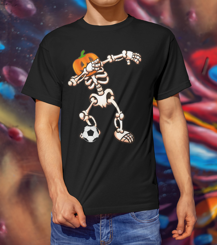 Funny Halloween Dabbing Skeleton Pumpkin Head With Soccer Ball T-Shirt