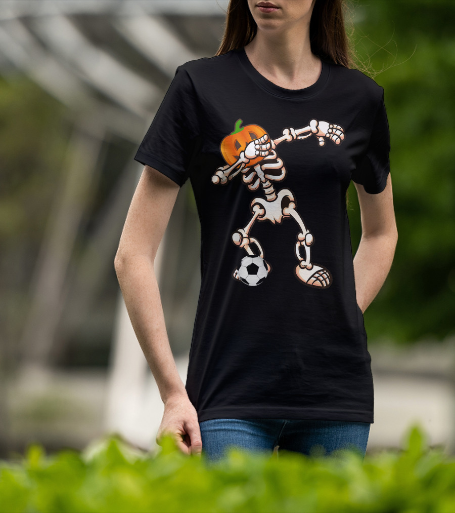 Funny Halloween Dabbing Skeleton Pumpkin Head With Soccer Ball T-Shirt