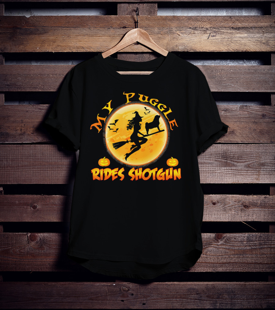 Halloween Witch And Puggle Rides Shotgun Full Moon Pumpkin T-Shirt