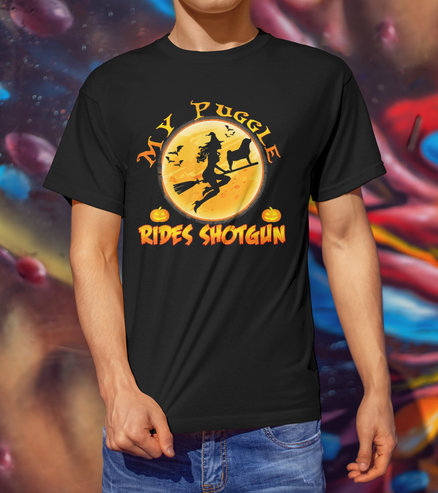 Halloween Witch And Puggle Rides Shotgun Full Moon Pumpkin T-Shirt