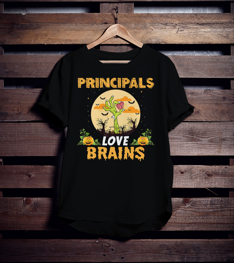 Principals Love Brains Zombies Halloween Moon Bats Pumpkins T-Shirt