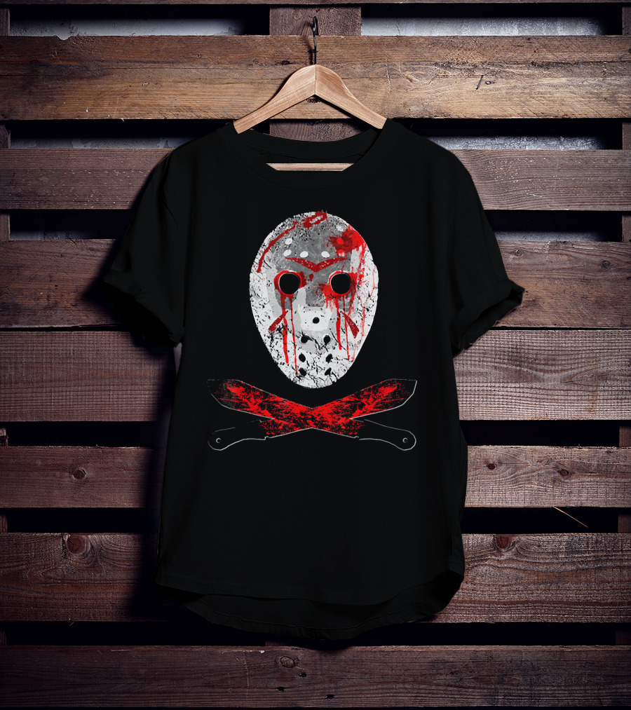 Friday The 13th Jason Mask Bloody Machete Crossed Horror T-Shirt