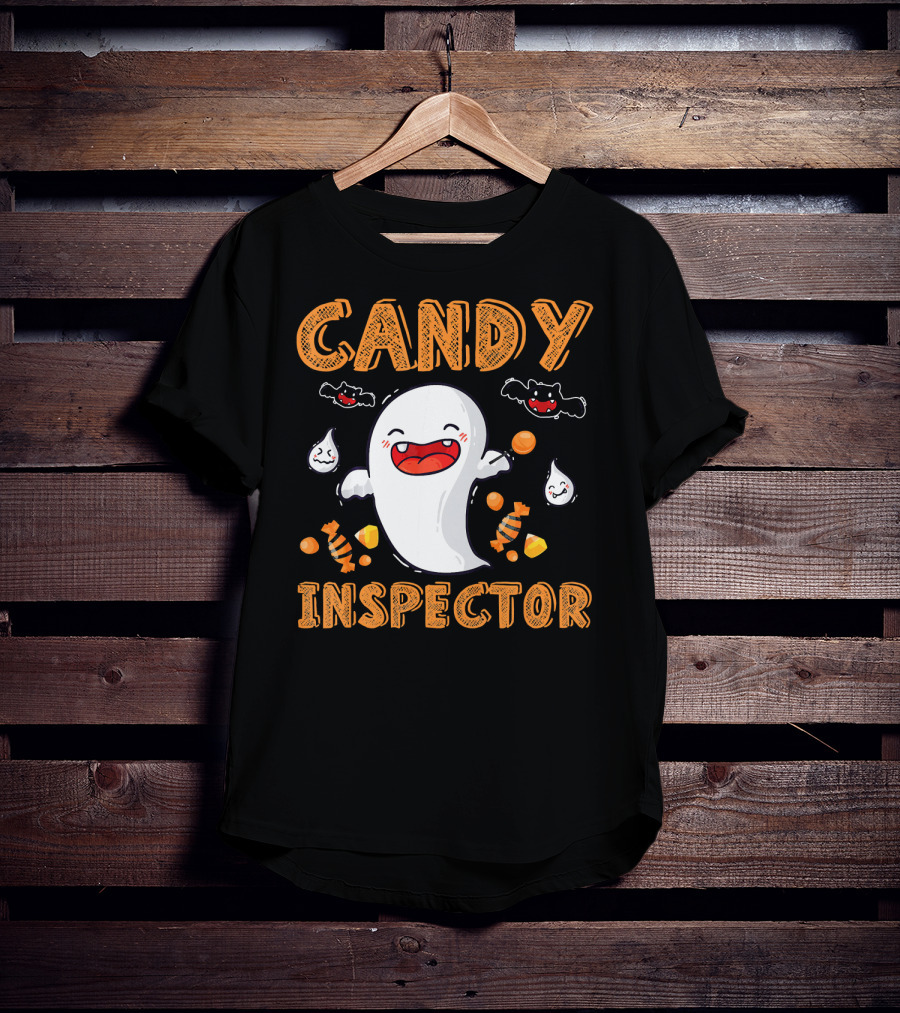 Candy Inspector Ghost Halloween Co Spooky Fun With Bats And Sweets T-Shirt