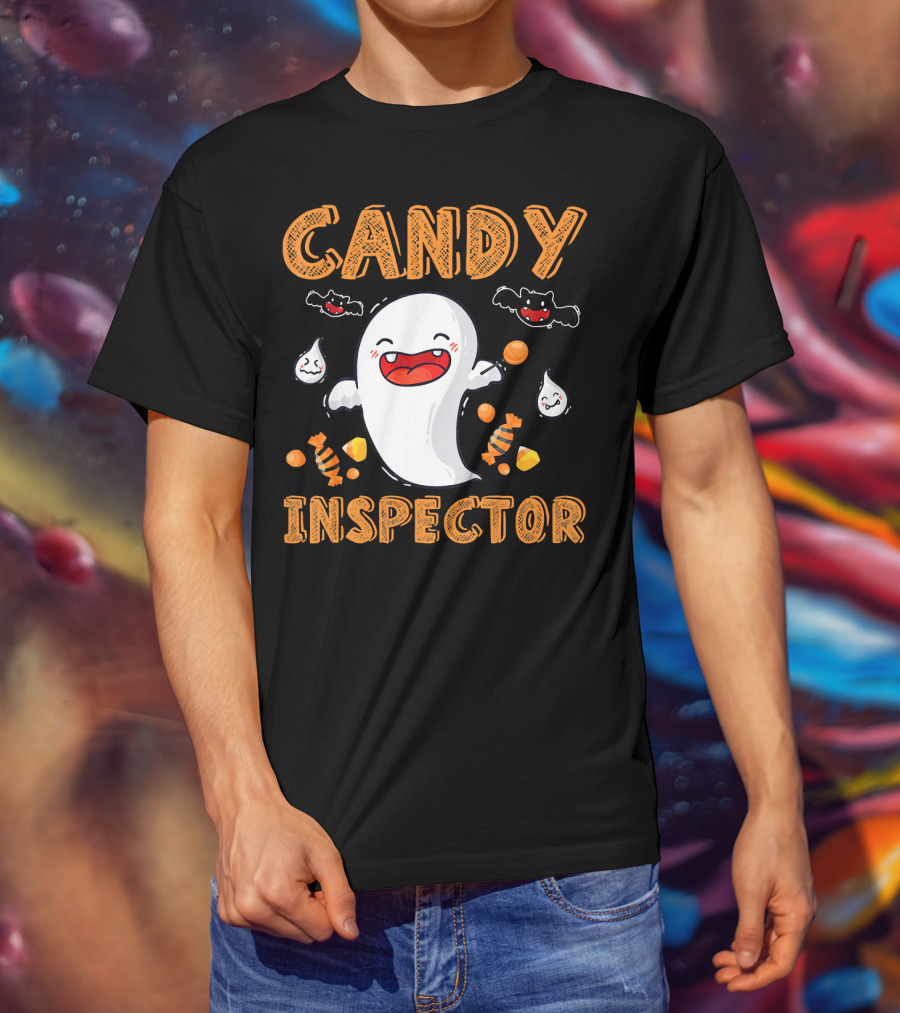 Candy Inspector Ghost Halloween Co Spooky Fun With Bats And Sweets T-Shirt