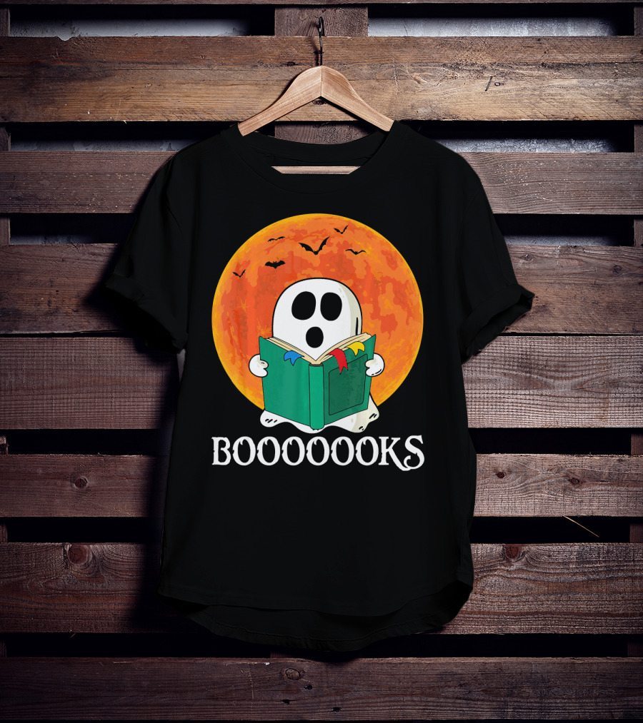 Funny Halloween Booooks Cute Ghost Reading With Full Moon And Bats T-Shirt