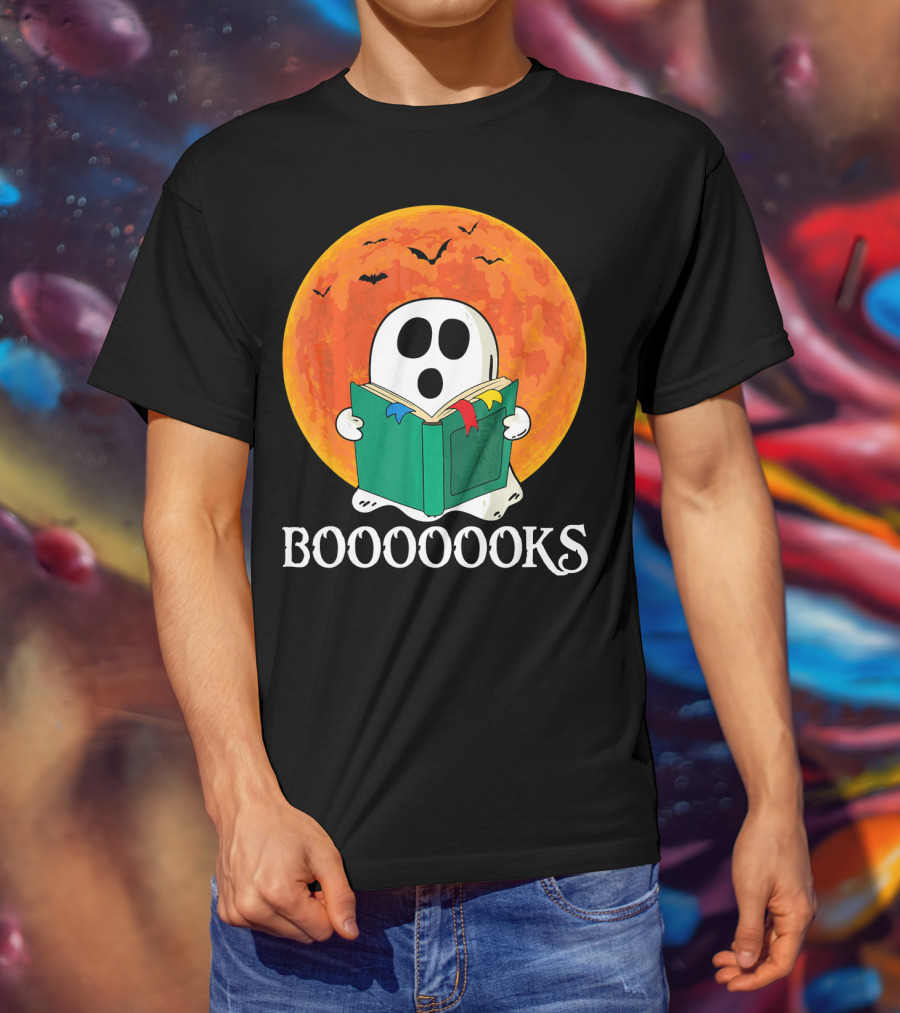 Funny Halloween Booooks Cute Ghost Reading With Full Moon And Bats T-Shirt