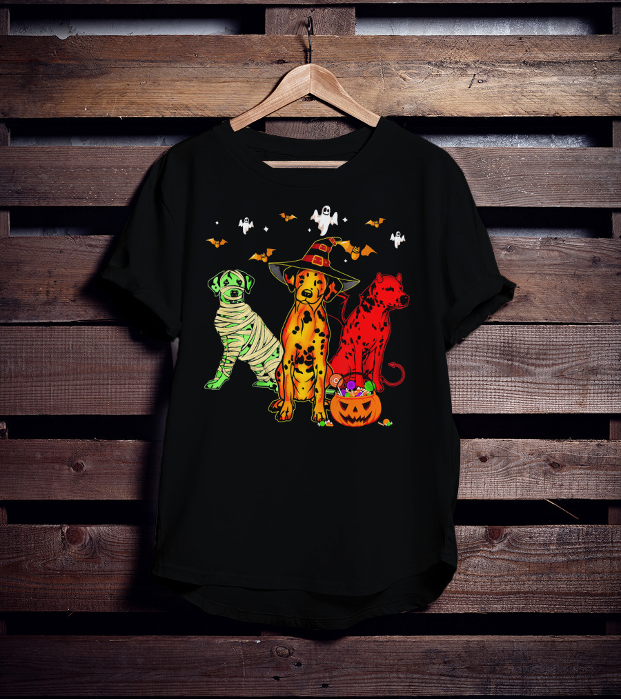 Funny Dalmatian Halloween Witch Mummy Devil Costume Party With Ghosts And Bats T-Shirt