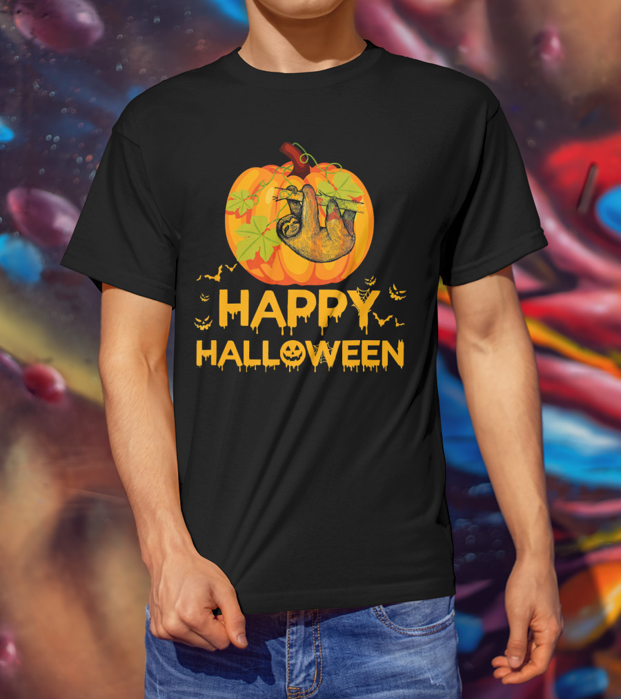 Happy Halloween Pumpkin Sloth Hanging With Bats T-Shirt