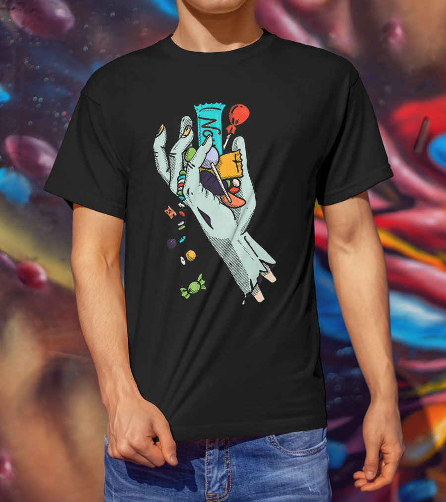 Holidaze Trick Or Treat Zombie Hand No Treats Candies Balloon T-Shirt
