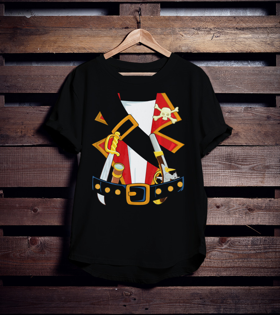 Pirate Costume Skull Crossbones Sword Pistol Belt T-Shirt