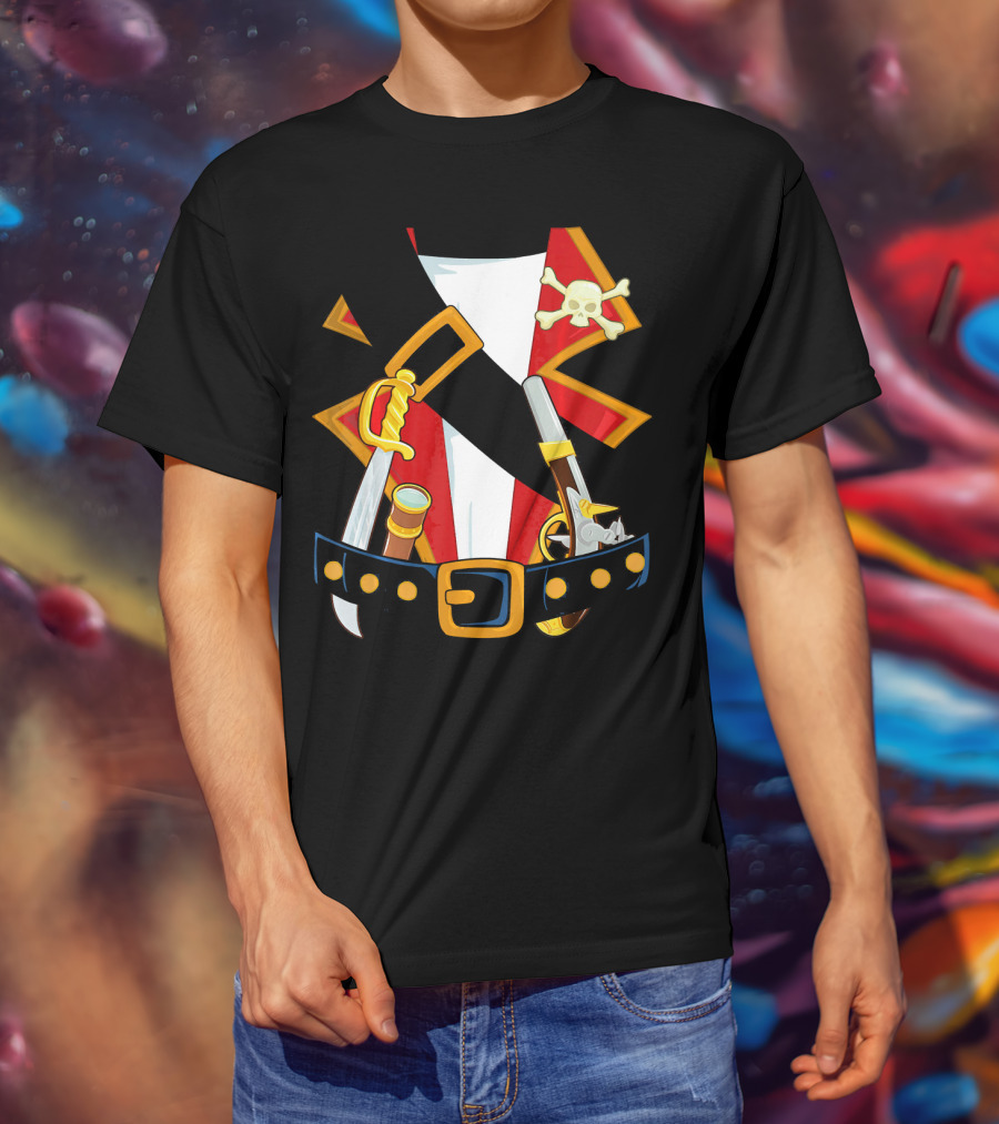 Pirate Costume Skull Crossbones Sword Pistol Belt T-Shirt