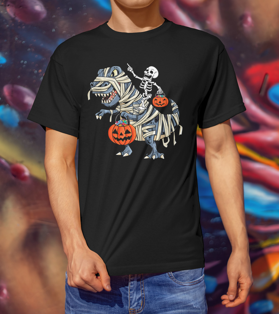 Skeleton Riding Mummy T-Rex With Pumpkin Candy Buckets Halloween Bo T-Shirt