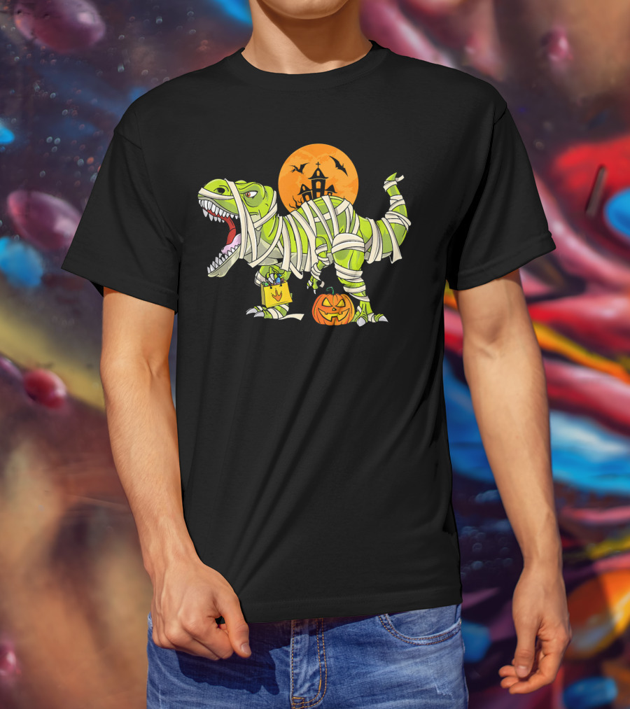 Funny Halloween Rex Dinosaur Mummy With Pumpkin And Haunted House T-Shirt