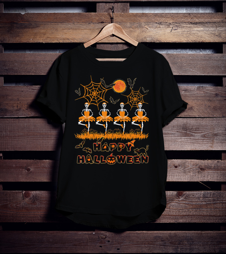 Happy Halloween Dancing Ballet Skeletons With Spiders And Bats T-Shirt