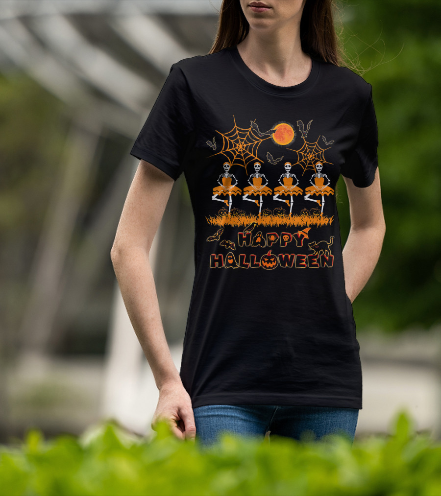 Happy Halloween Dancing Ballet Skeletons With Spiders And Bats T-Shirt