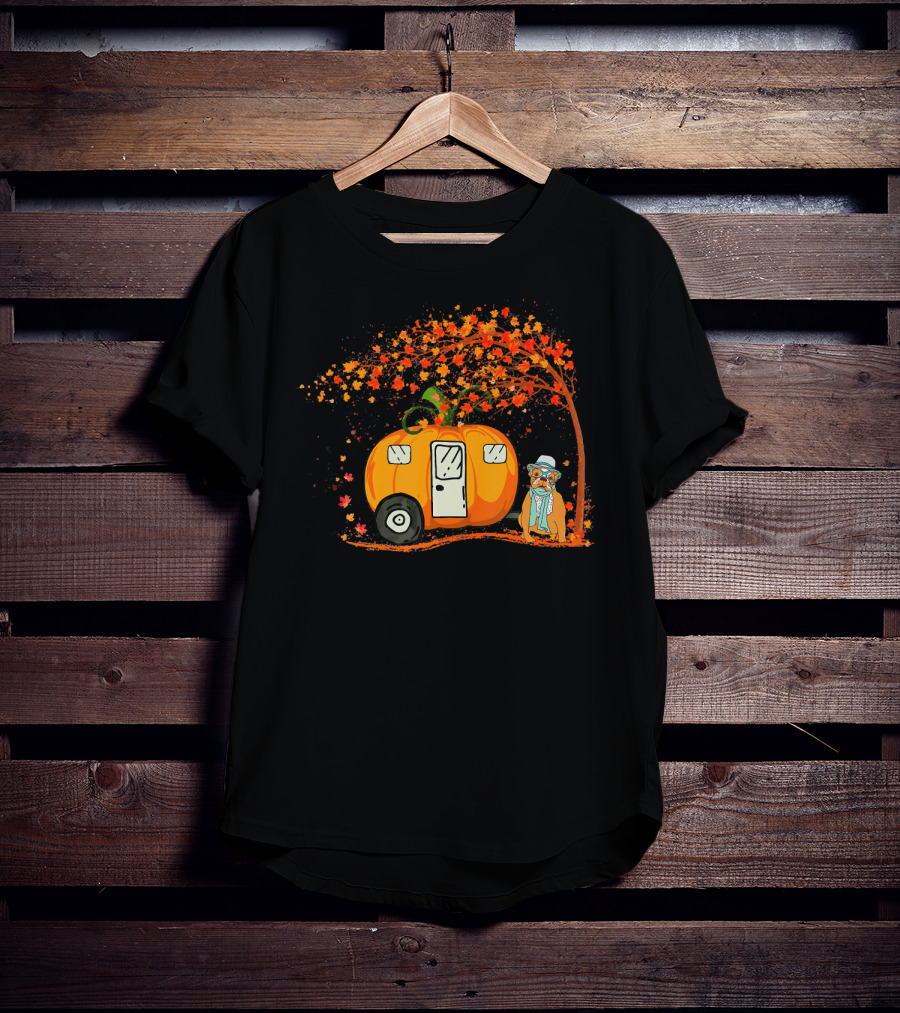 Bulldog With Pumpkin Camping Van Under Autumn Tree T-Shirt