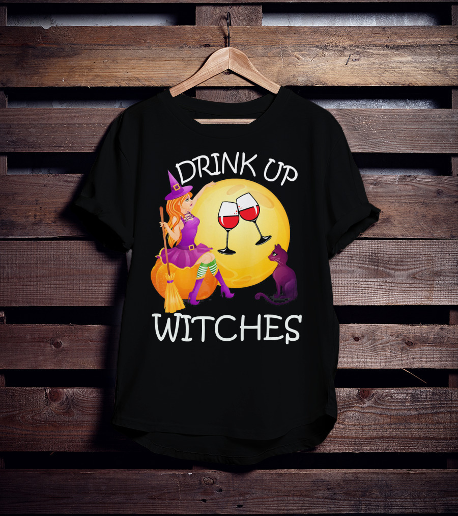 Drink Up Witches Halloween Wine Moon Cat Broomsticks T-Shirt