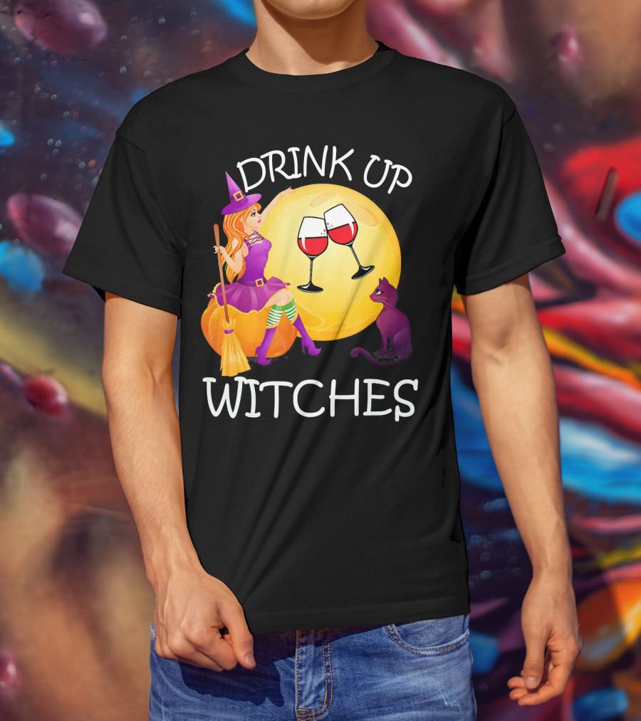 Drink Up Witches Halloween Wine Moon Cat Broomsticks T-Shirt
