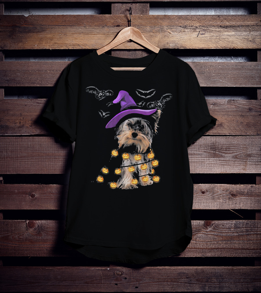Yorkie In Witch Hat With Pumpkin Lights And Bats T-Shirt