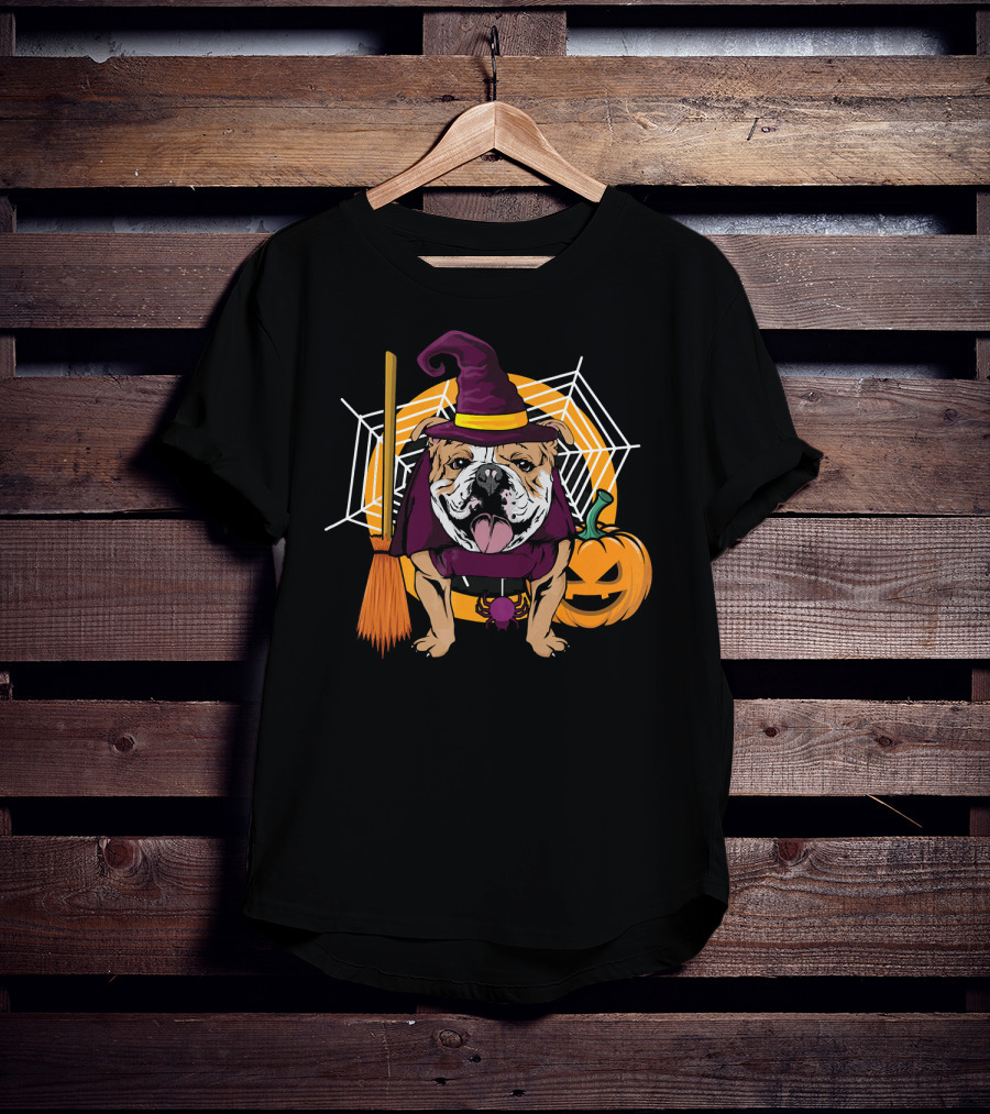 Witch Bulldog Halloween Pumpkin Broom Spiderweb T-Shirt