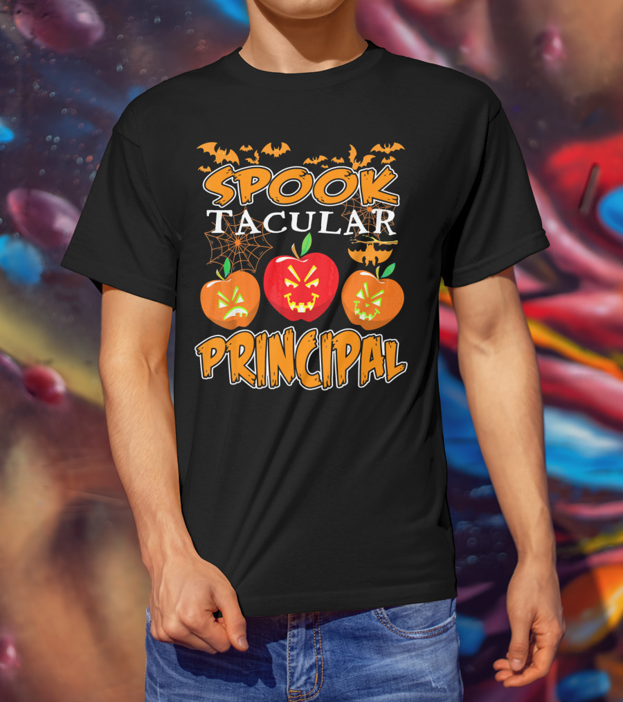Spooktacular Principal Halloween Pumpkins And Bats T-Shirt