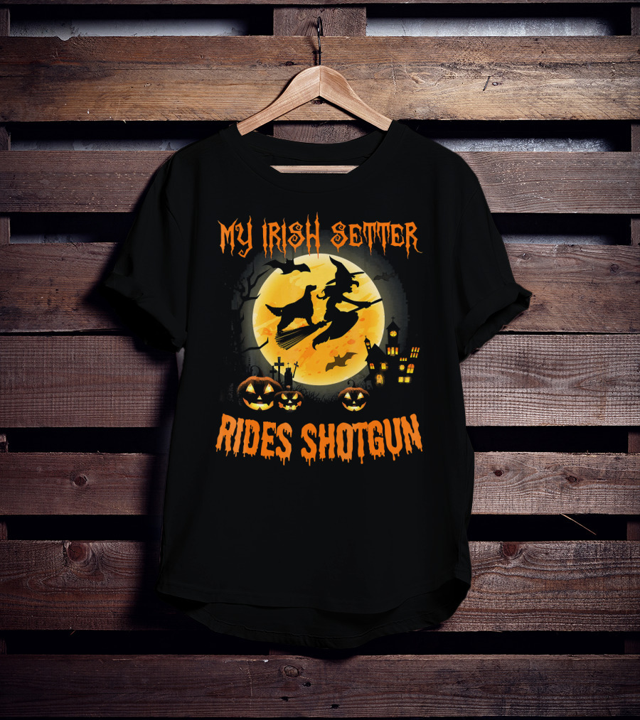 Halloween Witch Flying With My Irish Setter Rides Shotgun Moonlit Scene T-Shirt