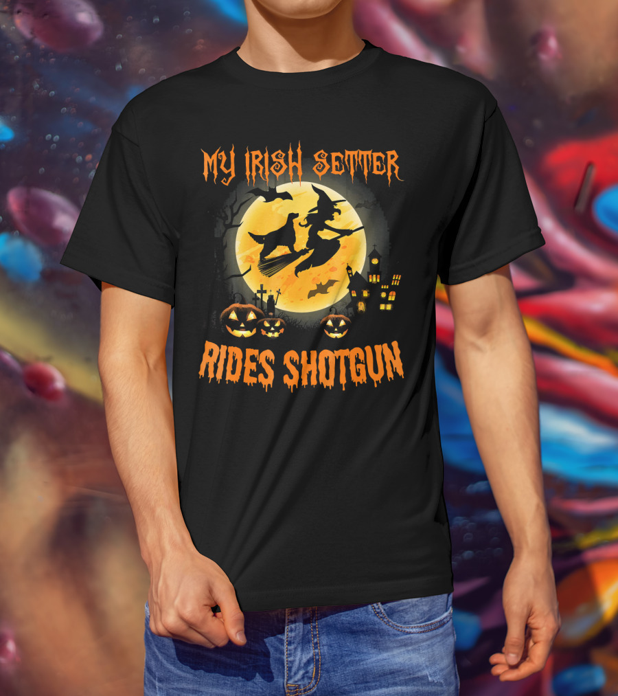 Halloween Witch Flying With My Irish Setter Rides Shotgun Moonlit Scene T-Shirt