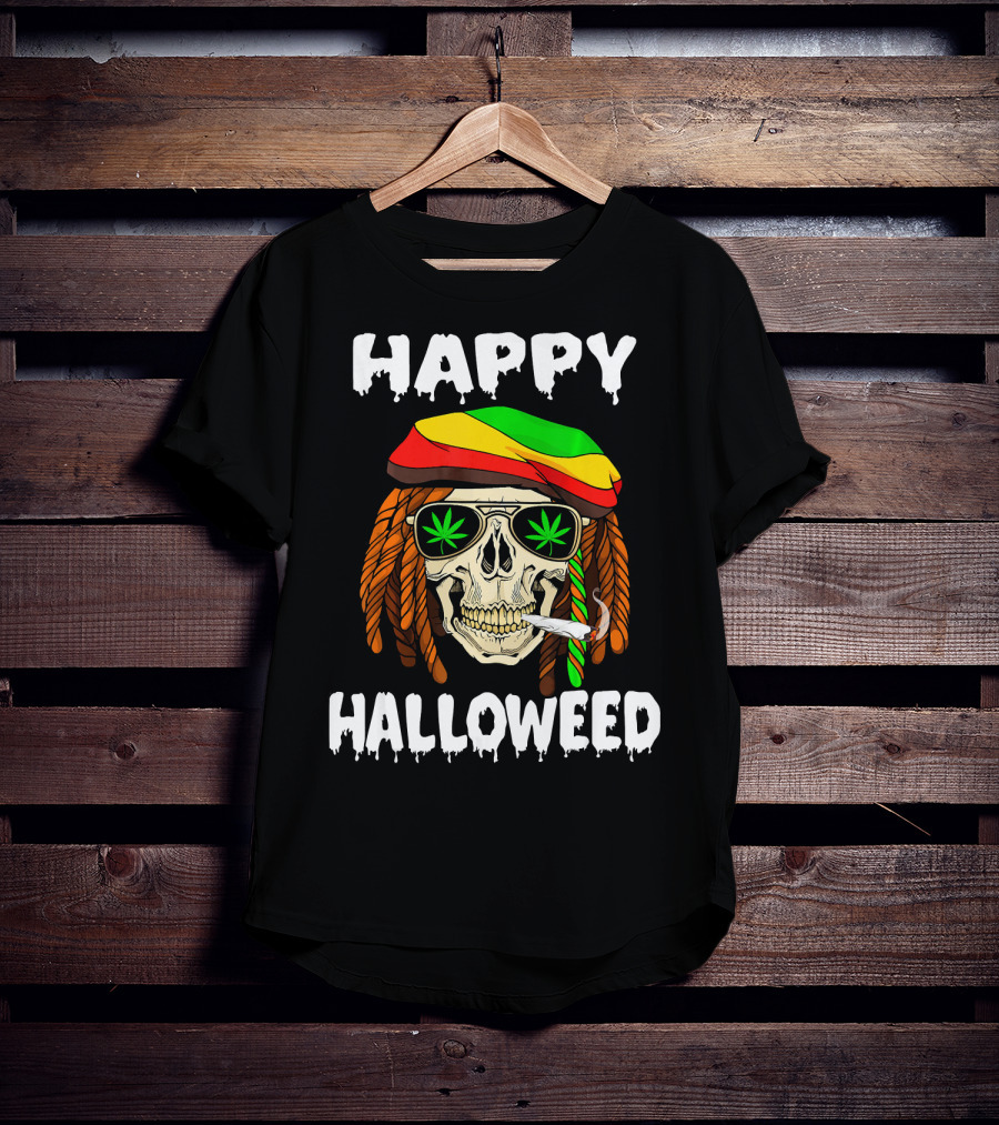 Happy Halloweed Smoking Rasta Skull With Cannabis Sunglasses T-Shirt