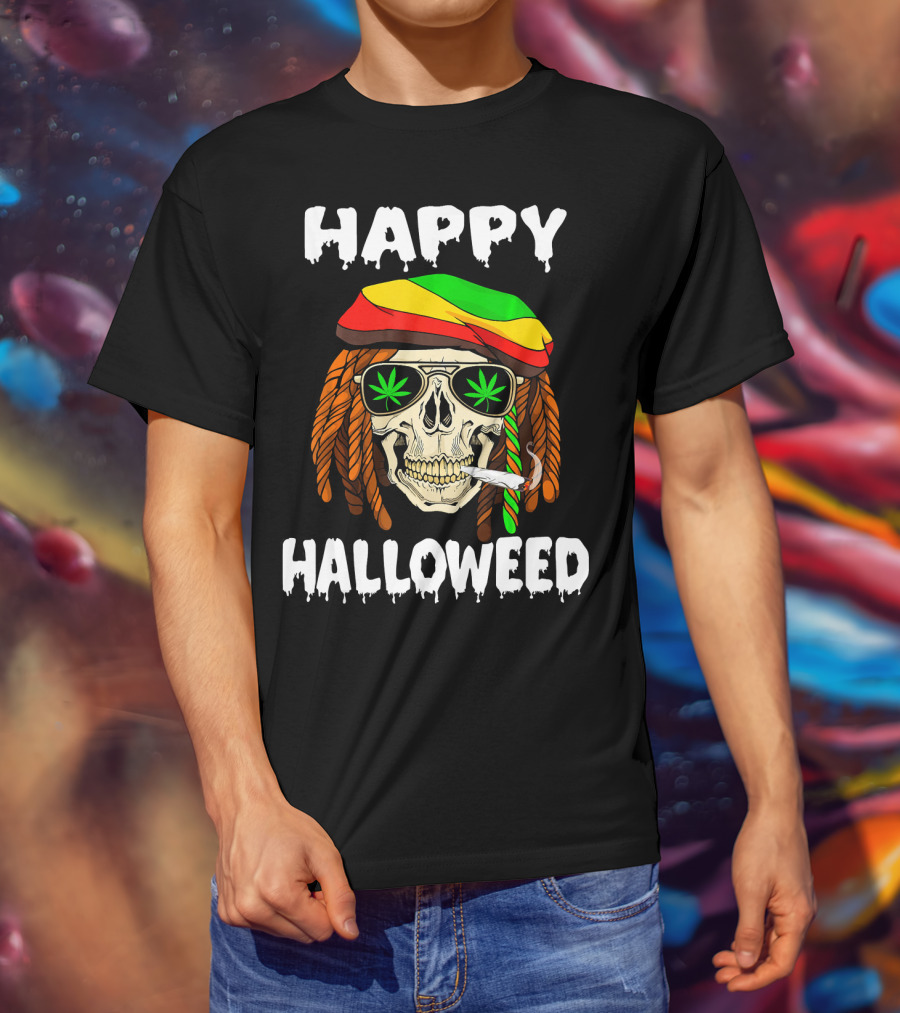 Happy Halloweed Smoking Rasta Skull With Cannabis Sunglasses T-Shirt
