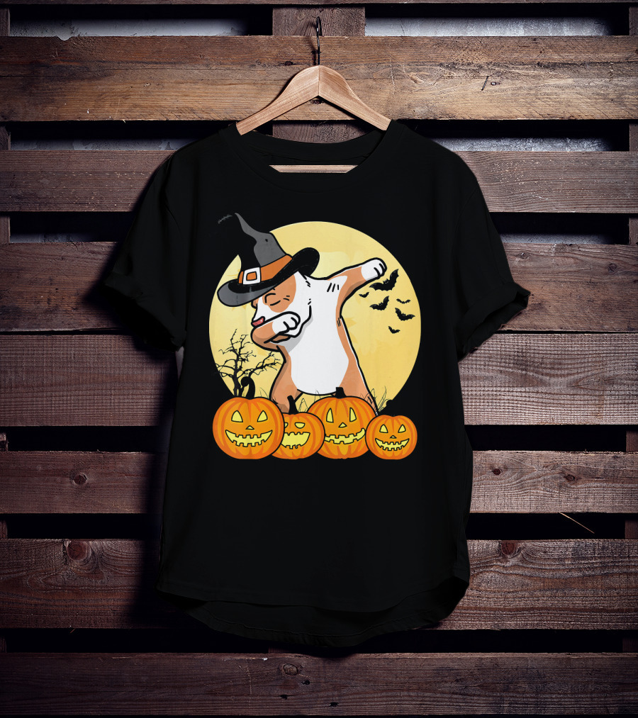 Dabbing Pit Bull Halloween Witch Hat Pumpkins Bats Dance Funny Dog T-Shirt