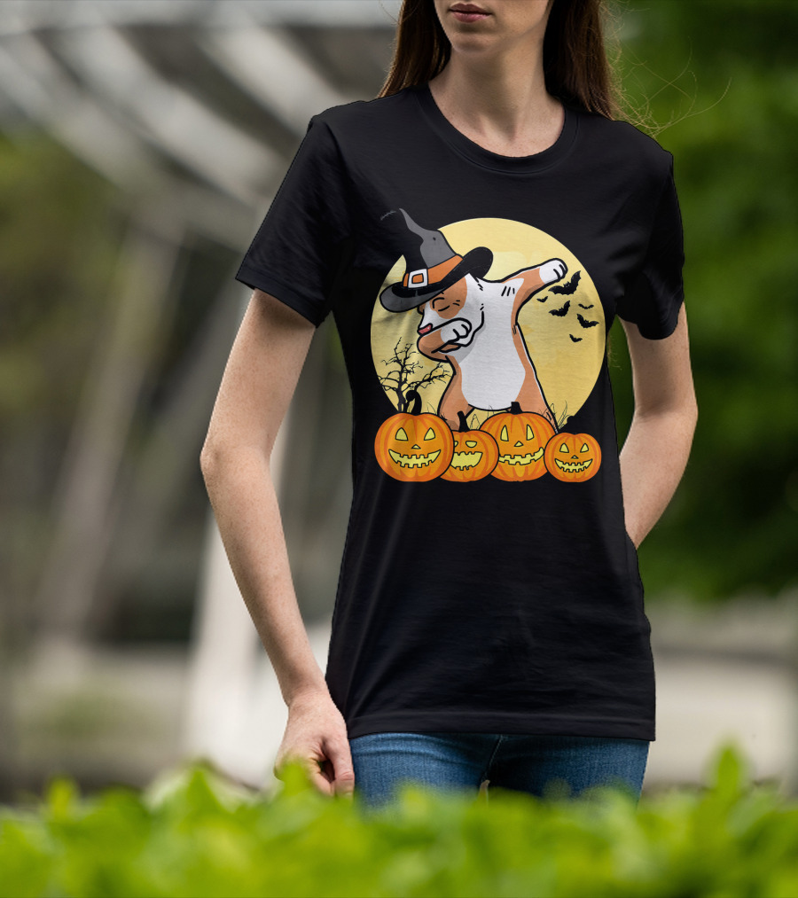 Dabbing Pit Bull Halloween Witch Hat Pumpkins Bats Dance Funny Dog T-Shirt