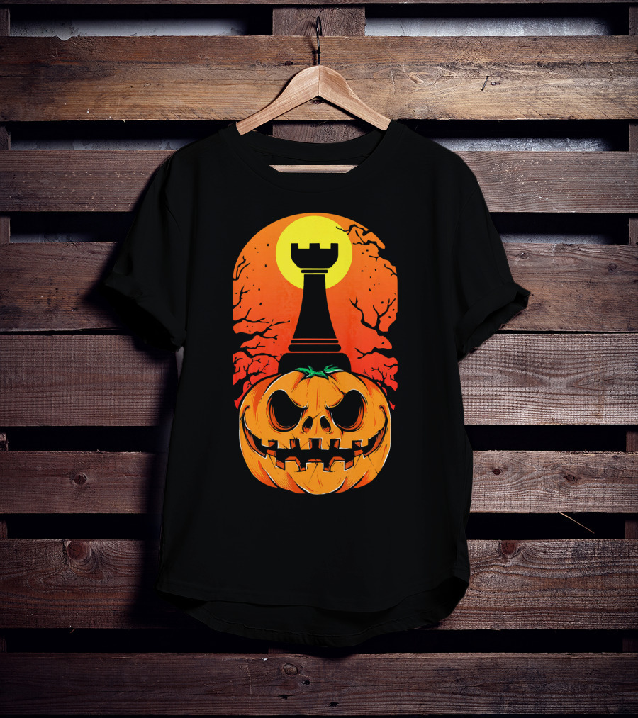 Spooky Rook Pumpkin Halloween Chess Tower Moon T-Shirt